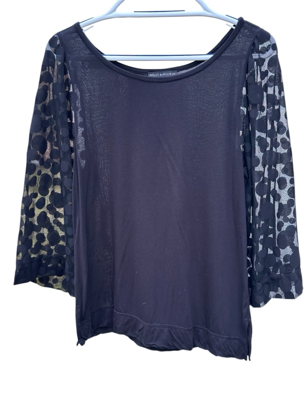 Nally & Millie Black Sheer Dot-Sleeve Long Sleeve Top- S/M
